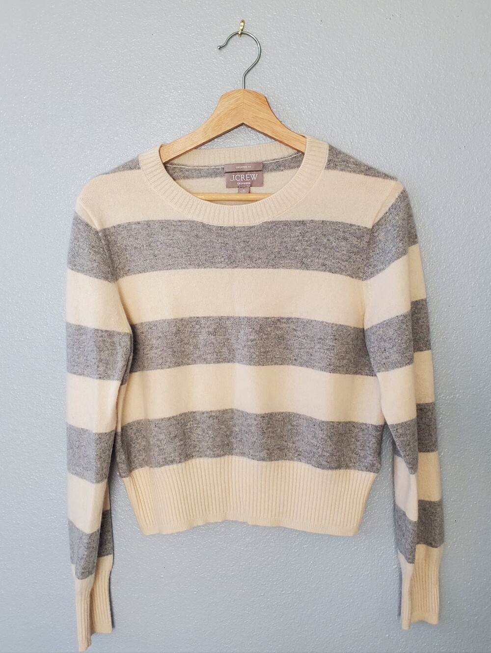 J. Crew Striped Crewneck Cashmete Sweater in Cream and Gray